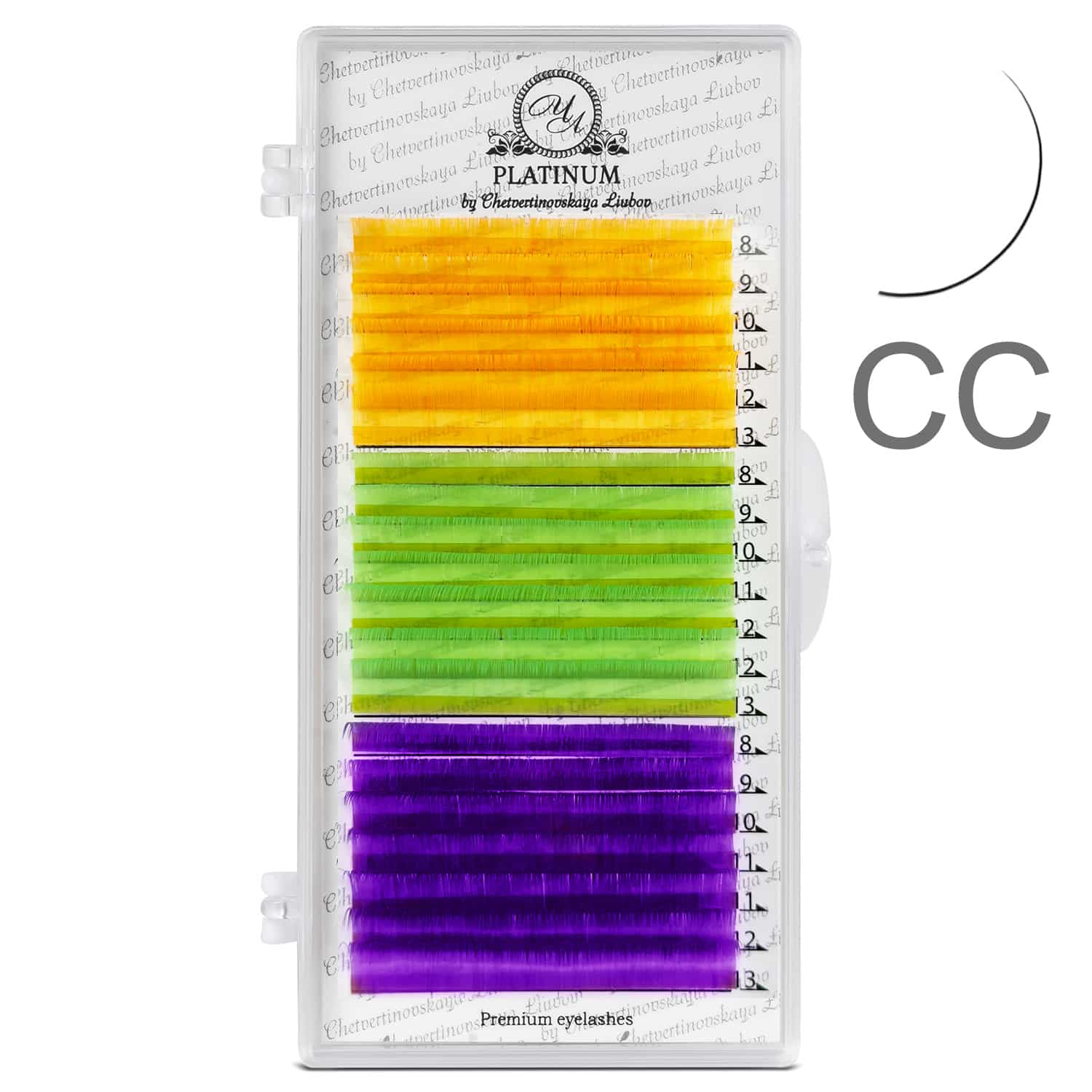 Eyelash Extensions Color NEON MIX (Orange/Green/Purple) PLATINUM 0.07 CC MIX 8–13 mm
